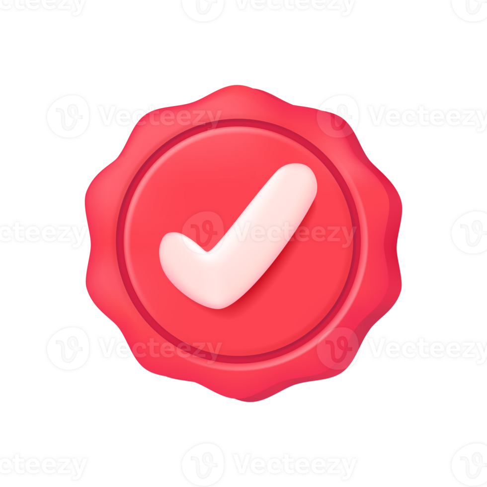 Check mark on 3D stamp. Quality guaranteed through verification. png