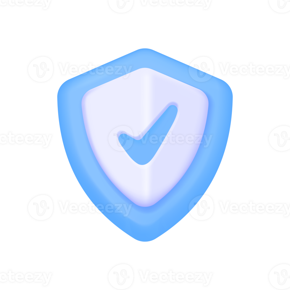 Check mark on 3D shield. Concept of protecting online user account security on website. png