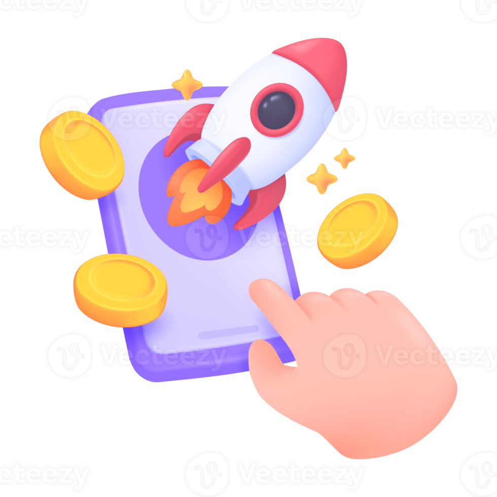 3D rocket flying from a mobile phone. Ideas for investing in risky assets to earn profits. png
