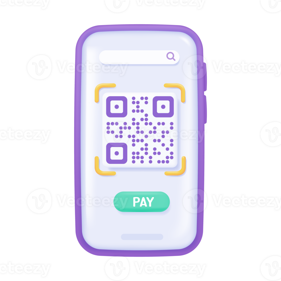 3D QR code on smart phone screen. Scan to pay concept. 3D Illustration. png