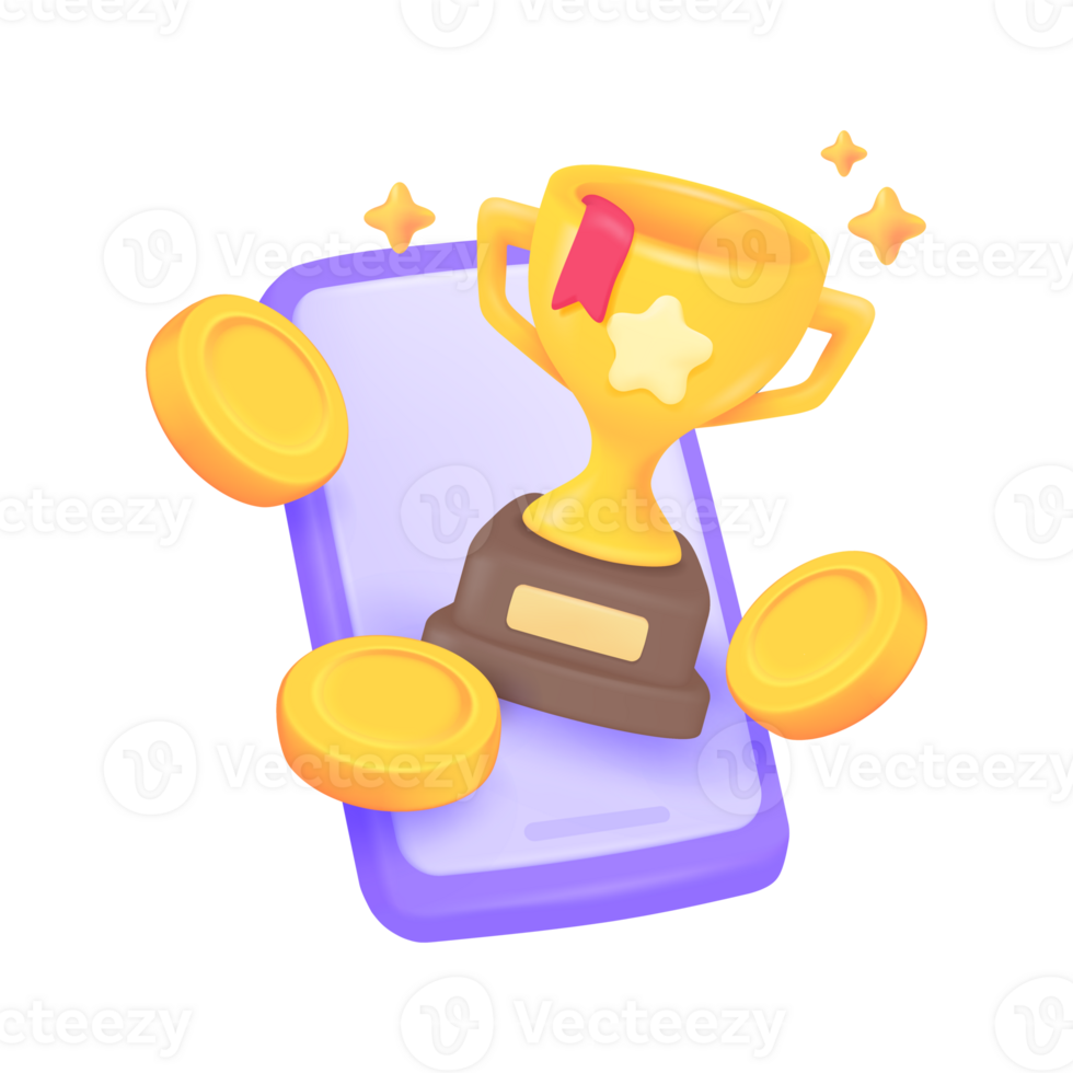 3D Trophy. Gold trophy with stars for congratulating winners in sports competitions. png