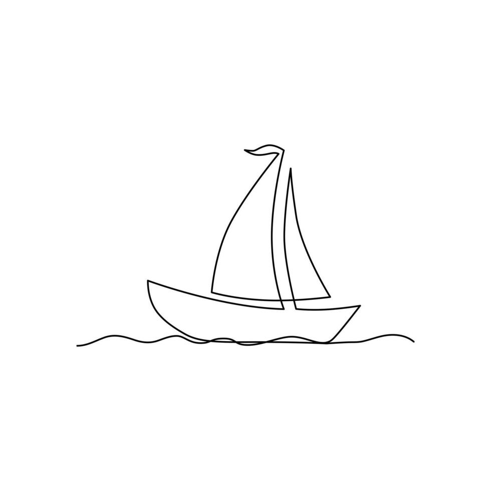 Continuous one-line drawing of a sailboat on sea waves and outline line vector art of a sea boat Isolated illustration