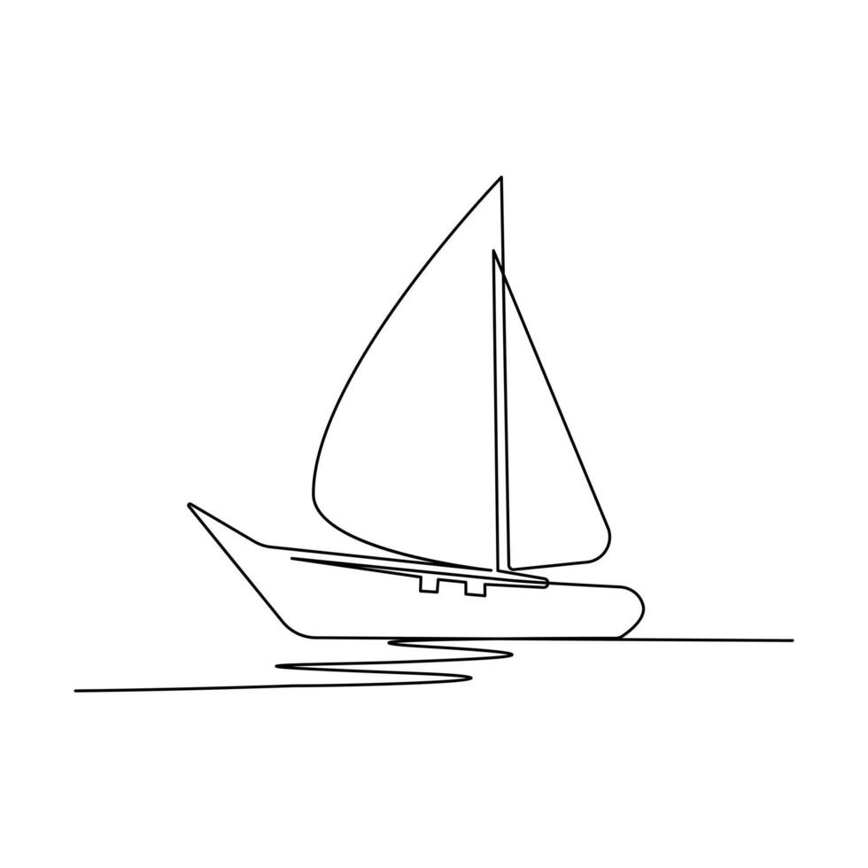 Continuous one-line drawing of a sailboat on sea waves and outline line vector art of a sea boat Isolated illustration