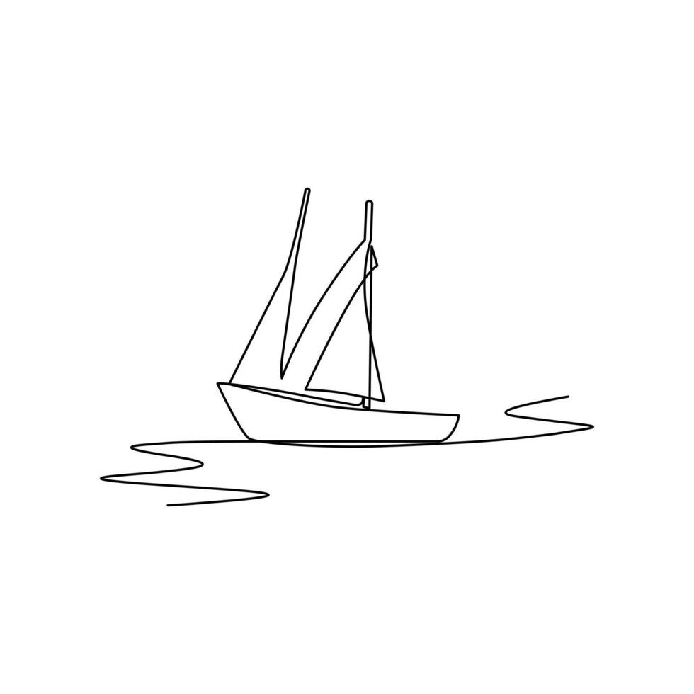 Continuous one-line drawing of a sailboat on sea waves and outline line vector art of a sea boat Isolated illustration