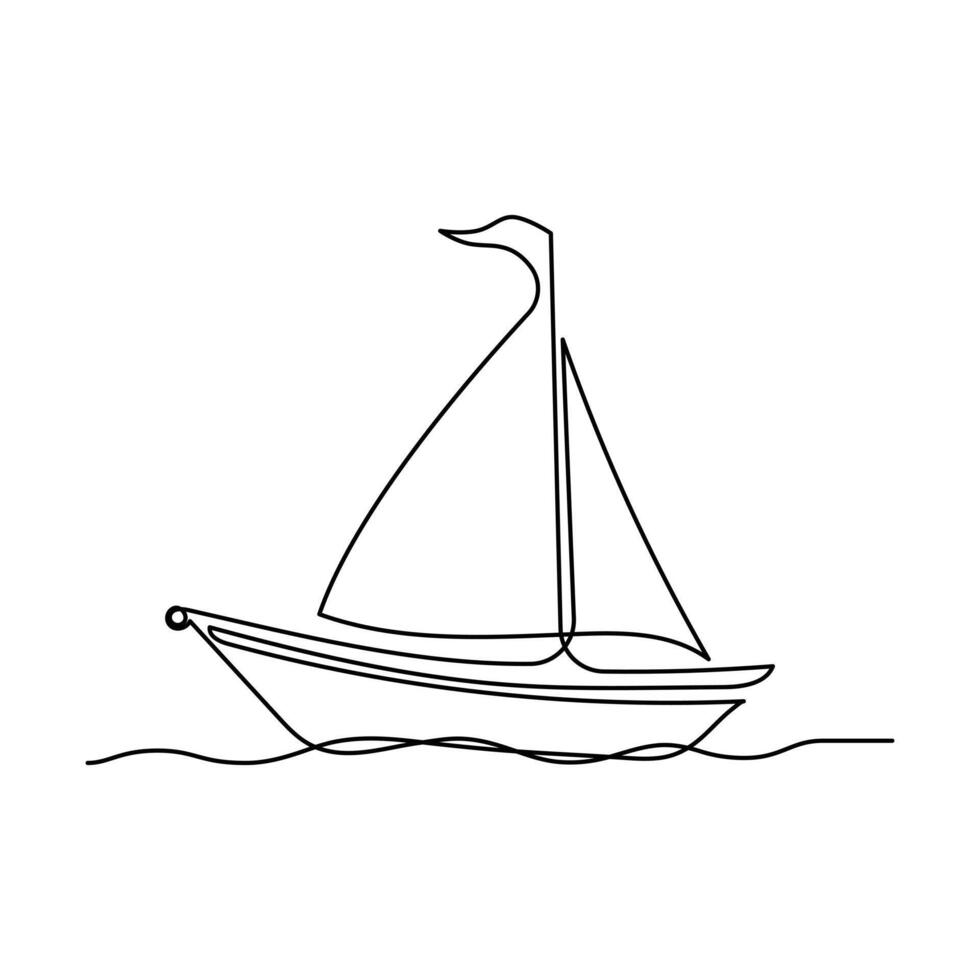 Continuous one-line drawing of a sailboat on sea waves and outline line vector art of a sea boat Isolated illustration