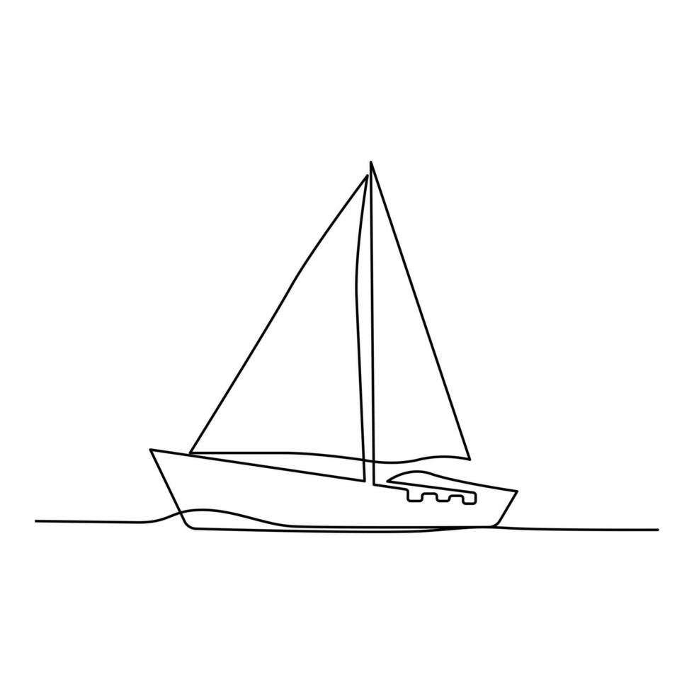 Continuous one-line drawing of a sailboat on sea waves and outline line vector art of a sea boat Isolated illustration