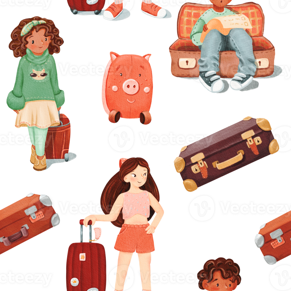 Seamless pattern of girl with luggage, a dark-skinned smiling girl, boy sits in open empty brown retro suitcase. Surprised looks at the todolist. travel concept. watercolor illustration of a teenager png