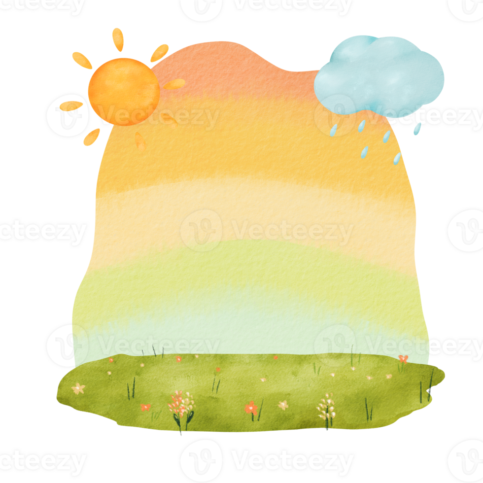 acquerello sfondo per figli di illustrazioni. composizione è un' verde prato con fiori, un' morbido arcobaleno sfondo, e il giocoso elementi di sole e pioggia. per libri, manifesti, e disegni png