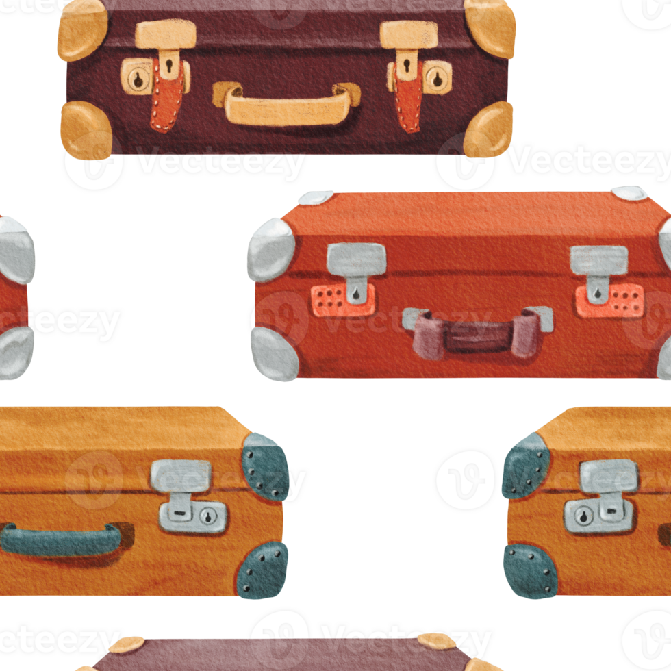 Seamless pattern of Stylish brown retro suitcase with inserts, digital code. Old vintage leather briefcase baggage. Travel stuff. Hand drawn retro bag. Tourist's luggage. Watercolor illustration png