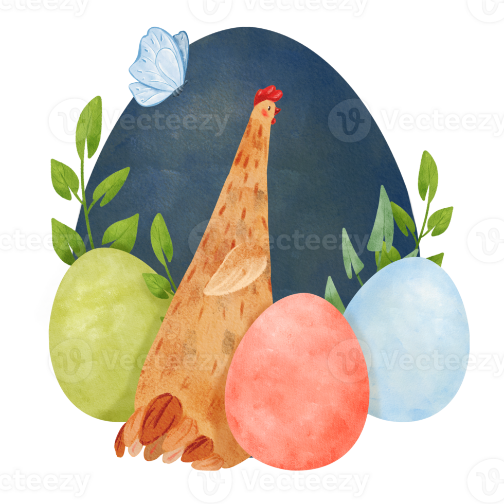 Easter watercolor composition featuring a whimsical speckled hen, colorful dyed eggs, green branches, and a delicate blue butterfly. for creative applications, including cards and textile designs png