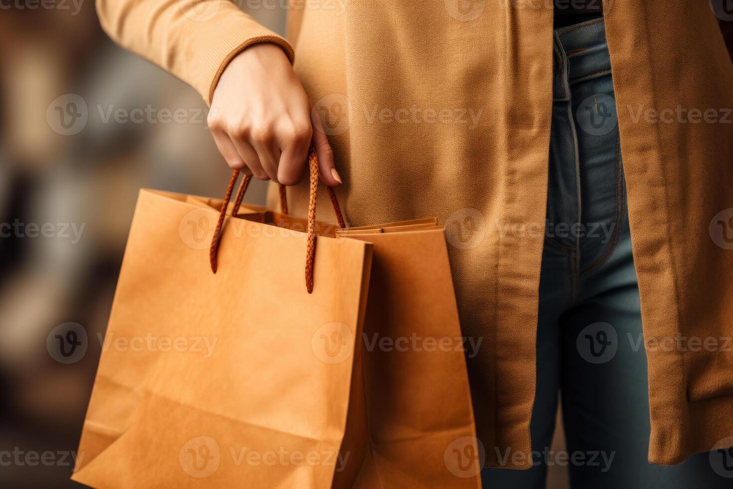 AI Generated Close up unrecognizable Caucasian female woman lady hands holding paper grocery shopping bag shopper buyer carry pack. Sale offer Black Friday client customer delivery present gift photo