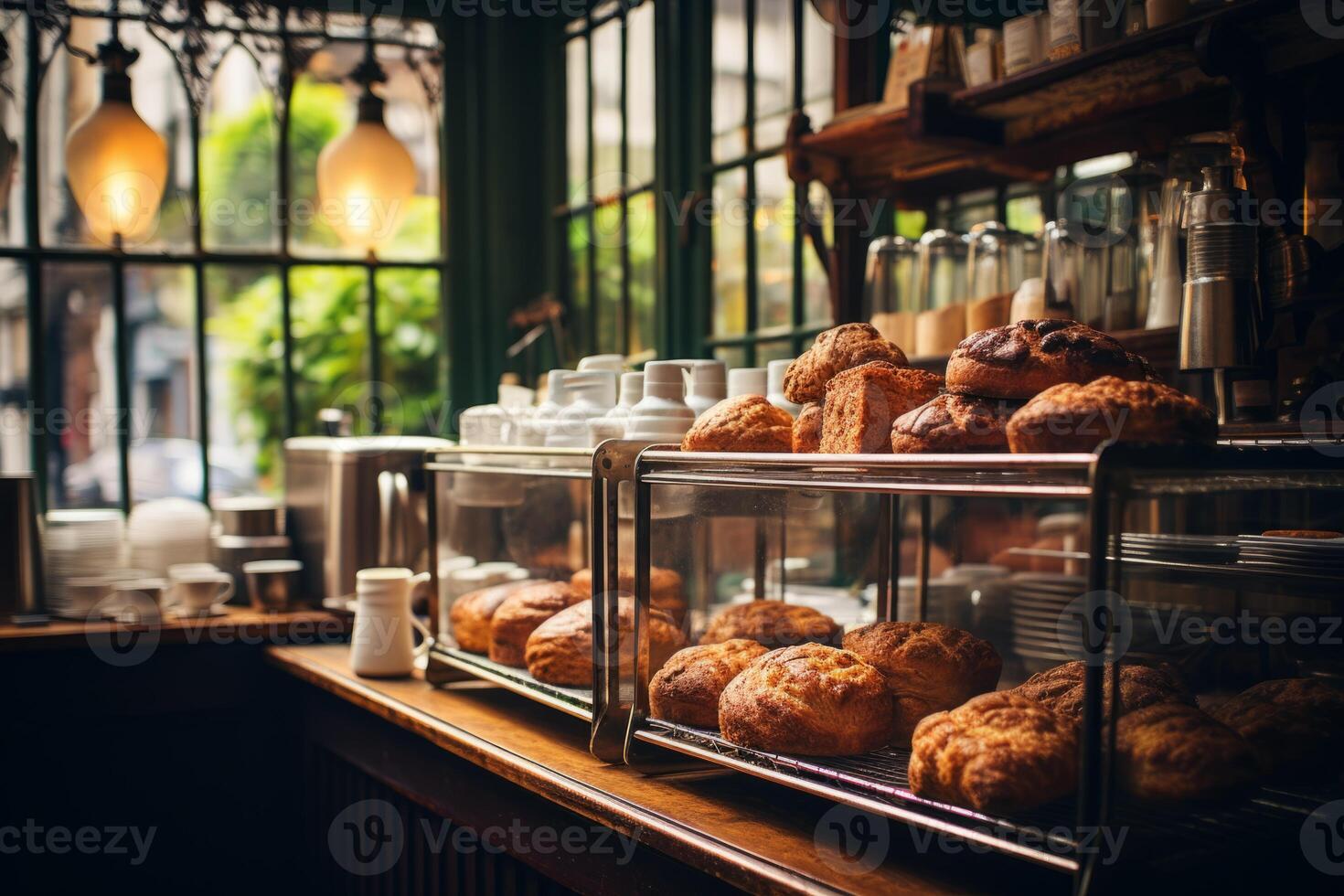 AI Generated Small cozy cafe coffee shop bakery completing order business interior sunny morning light barista offers cheap hot tasty cocoa latte cappuccino americano espresso baguette bread bun photo
