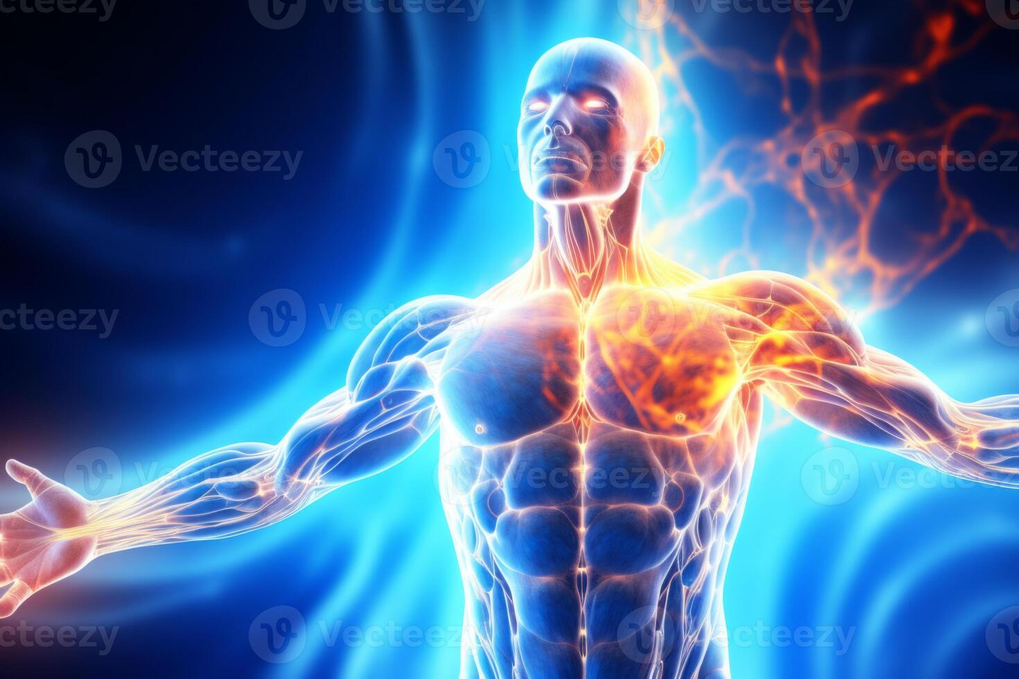 AI Generated Strong human body energy powerful imagination evolution higher intelligence transformation silhouette vision god 3d flash concentration astral gesture glow freedom reincarnation connect photo