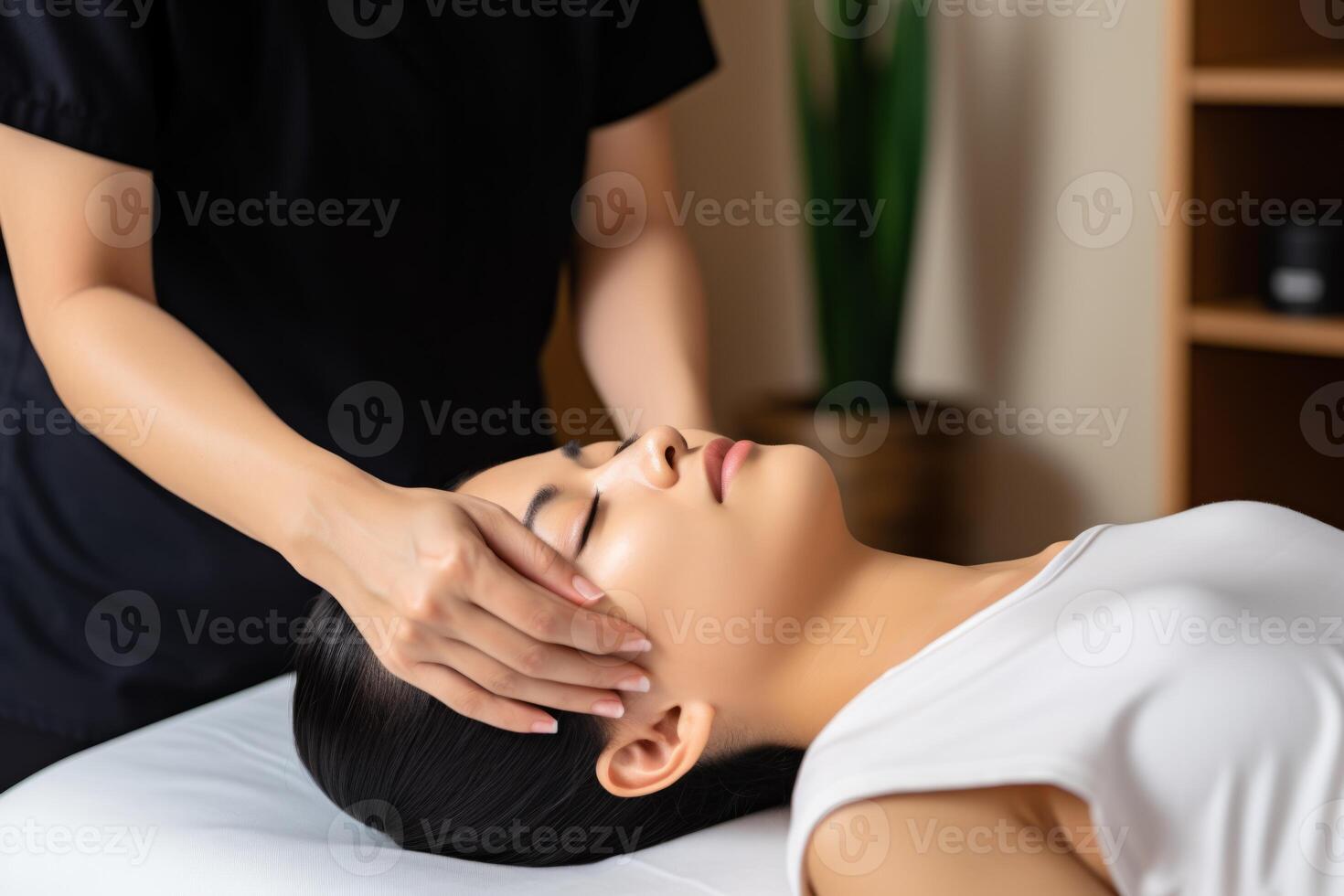 AI Generated Portrait beautiful gorgeous relaxed pleased Asian woman female having neck pain professional acupuncture head massage therapist modern spa beauty salon aroma oil. Health face body skin photo