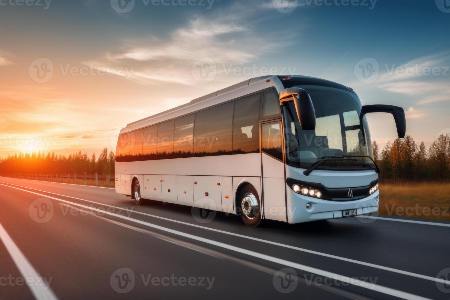 AI Generated Touristic coach bus on highway road intercity regional domestic transportation driving urban modern tour traveling travel journey ride moving transport concept public comfortable photo