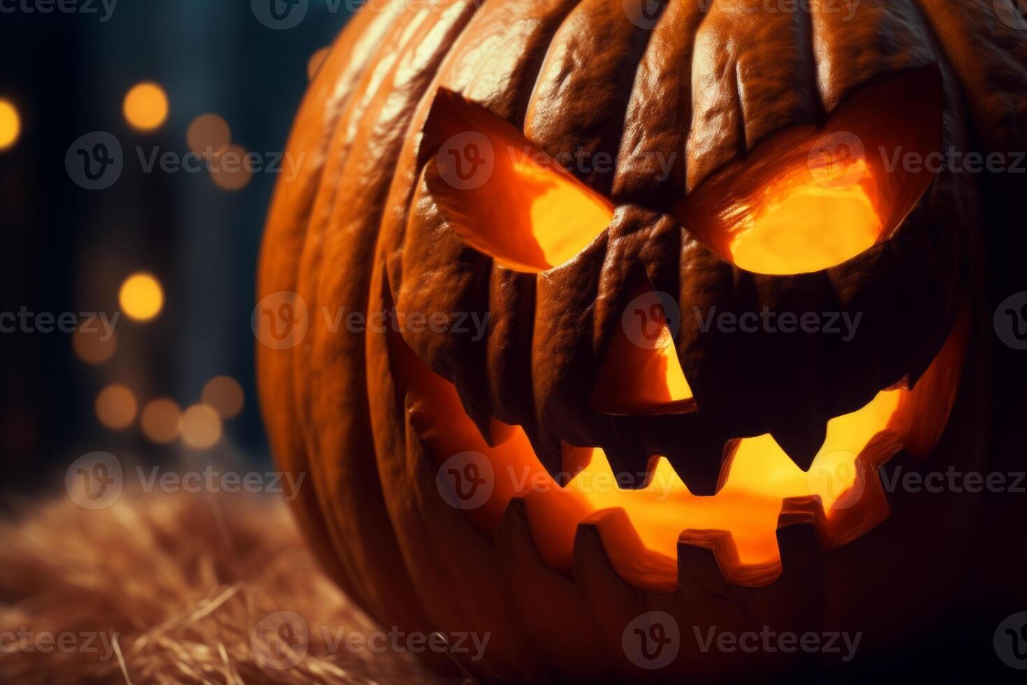 AI Generated Happy Halloween party Jack O Lantern orange pumpkin scary spooky creepy carving evil smile angry face glowing. Trick treat holiday dark mysterious night eerie horror October nightmare photo