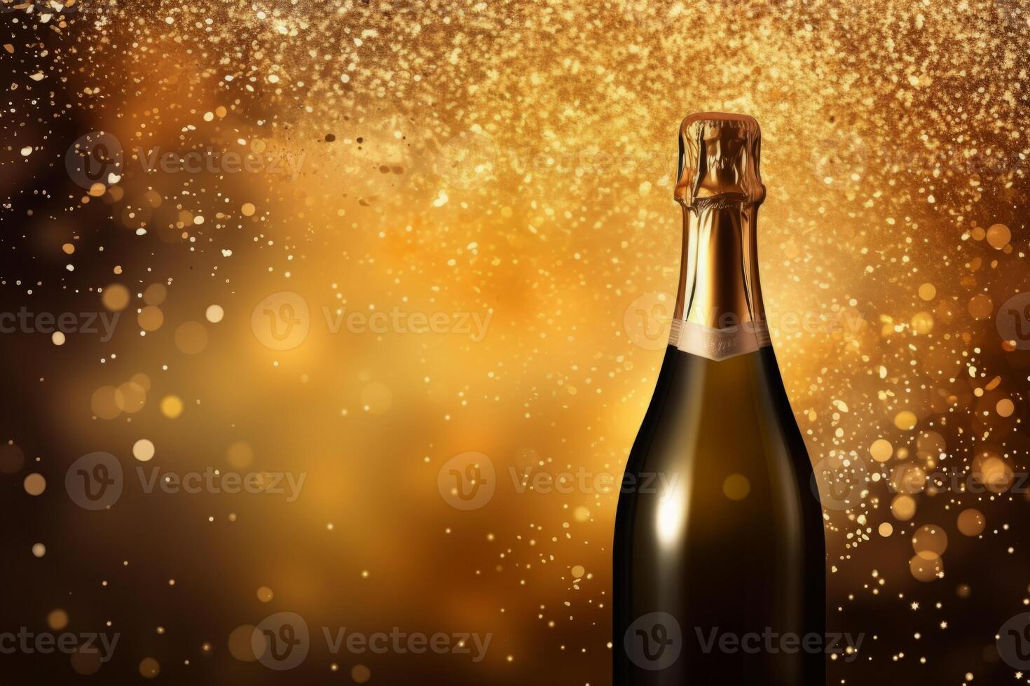 AI Generated Creative Christmas New Year blurred background golden glittering shiny champagne sparkling wine alcohol bottle confetti holidays celebration. Party anniversary cheering greeting photo
