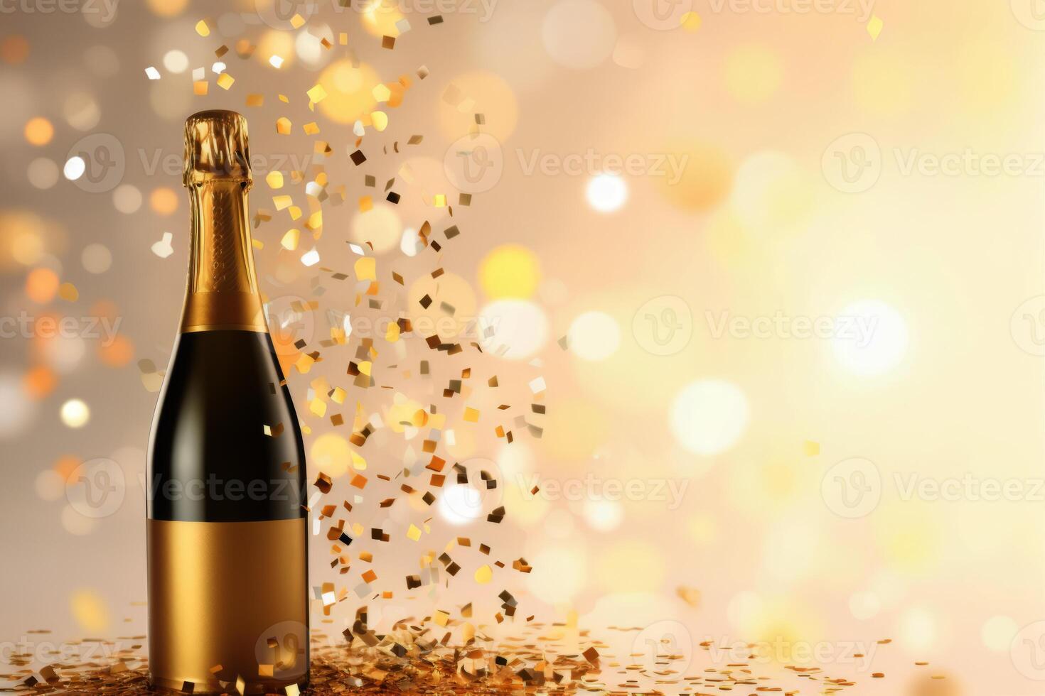 AI Generated Creative Christmas New Year blurred background golden glittering shiny champagne sparkling wine alcohol bottle confetti holidays celebration. Party anniversary cheering greeting photo