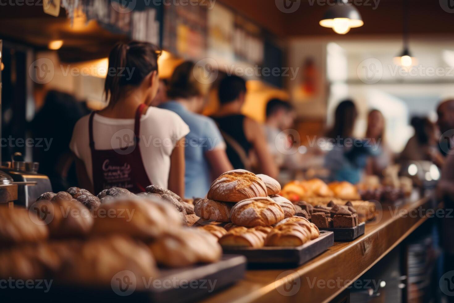 AI Generated Small cozy cafe coffee shop bakery completing order business interior sunny morning light barista offers cheap hot tasty cocoa latte cappuccino americano espresso baguette bread bun photo