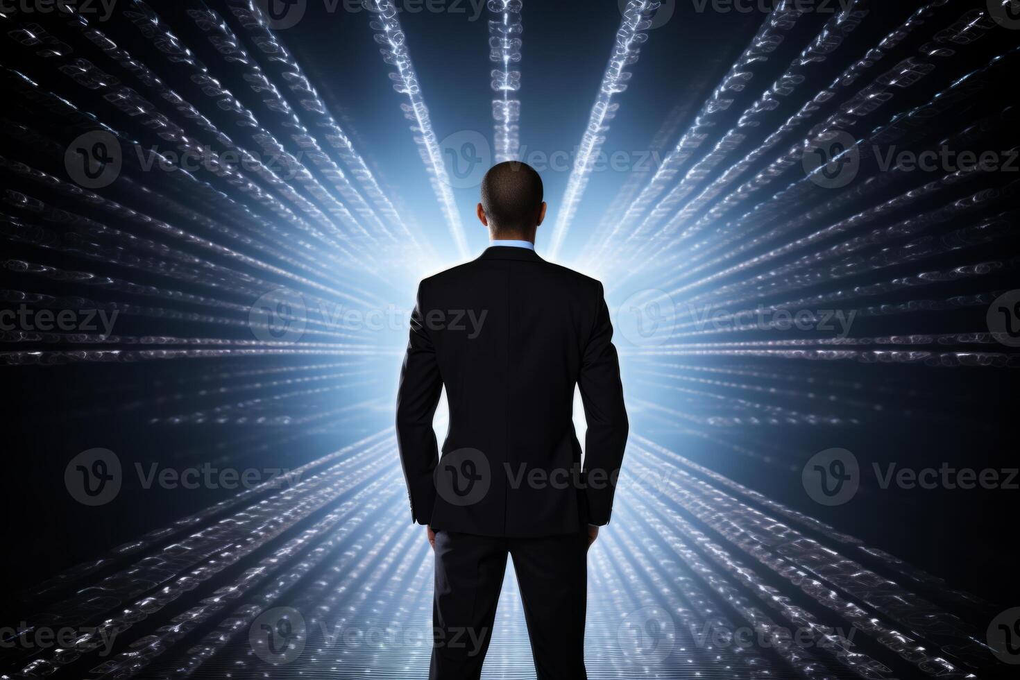 AI Generated Modern european american businessman standing in cyberspace business man scientific abstract internet background web connection technology augmented virtual reality ar vr big data photo