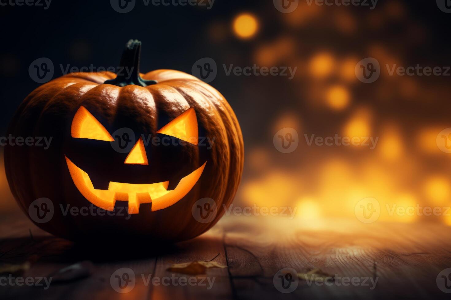 AI Generated Happy Halloween party Jack O Lantern orange pumpkin scary spooky creepy carving evil smile angry face glowing. Trick treat holiday dark mysterious night eerie horror October nightmare photo