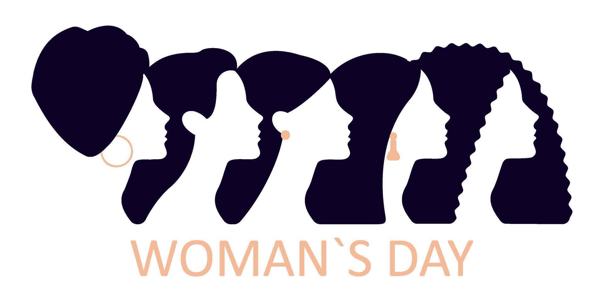 Diverse woman profile silhouette portraits in row. Friendship, unity, woman rights, solidarity and multiracial union. Simple shaped silhouette profiles. vector