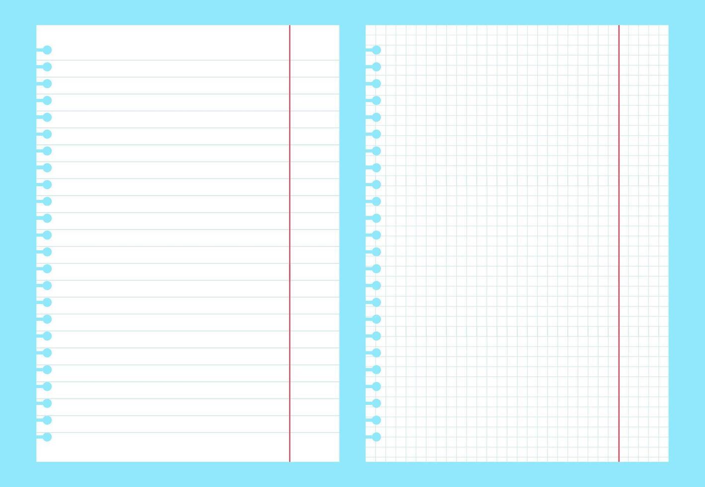 Blank gridded notebook papers. Pads paper sheets with lines and squares. Homework and exercises templates. White blank notebook papers. School supplies. vector