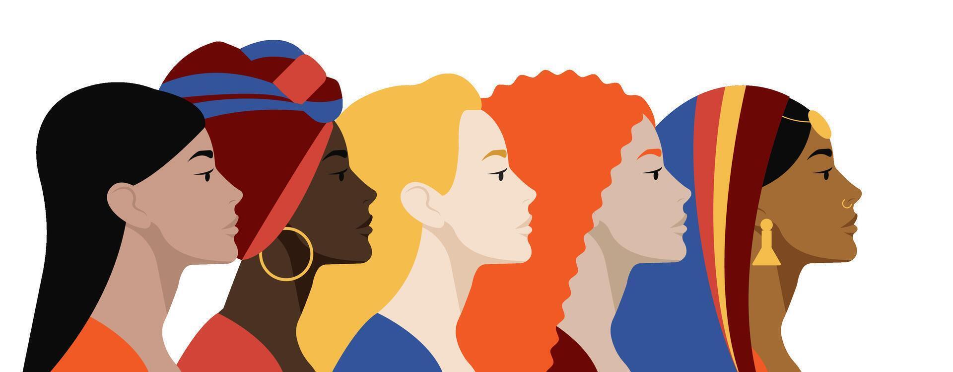 A row of diverse profile portraits of women. Unity, individuality, women union around the world. Each one as a symbol of unique culture. International woman day. vector