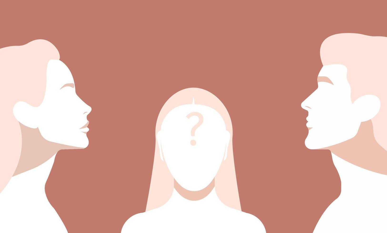 Parents profiles and girl portrait in between. Confused girl with question mark in her head. Parenthood and child issues. vector