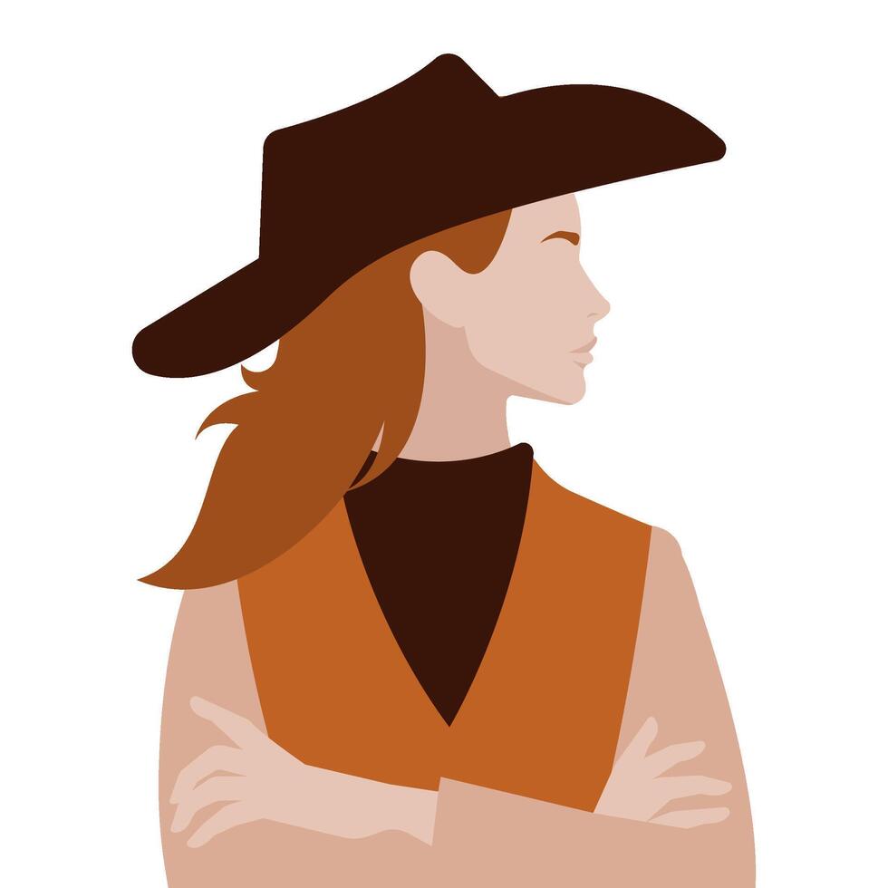 Profile view of a cowgirl silhouette in a hat. Standing with arms