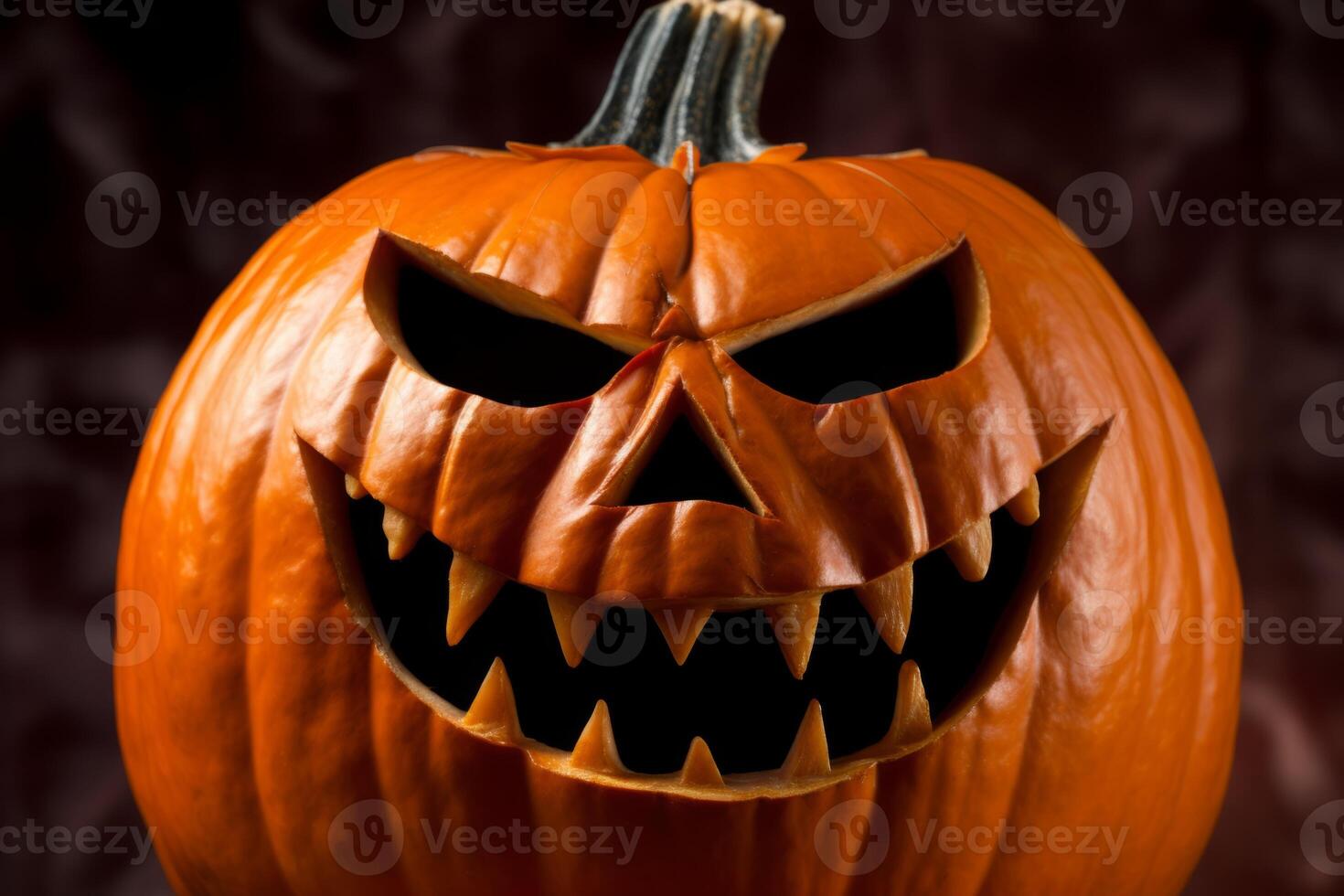 AI Generated Happy Halloween party Jack O Lantern orange pumpkin scary spooky creepy carving evil smile angry face glowing. Trick treat holiday dark mysterious night eerie horror October nightmare photo