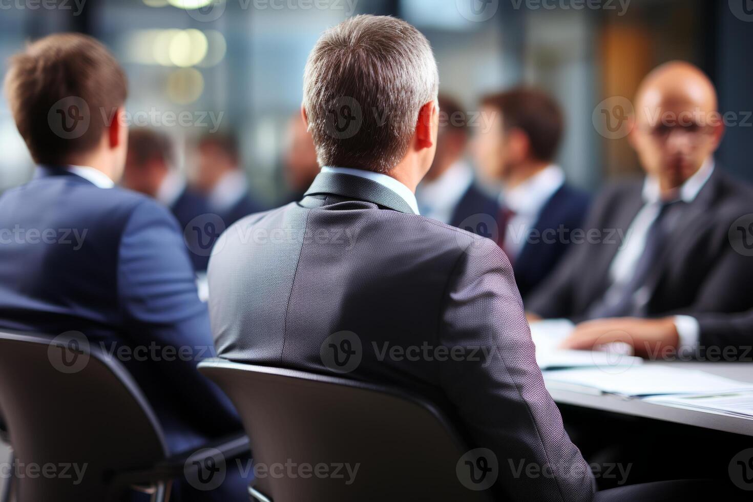 AI Generated Back view group diverse serious confident business people professionals conference meeting presentation CEO. Office education training team working project planning leadership investor photo