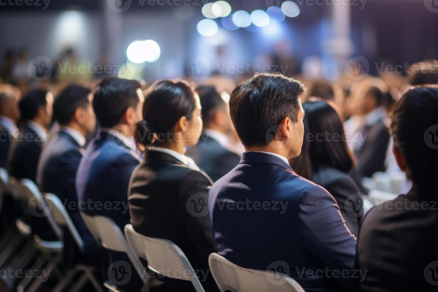 AI Generated Diverse group backs of young people sitting outdoors man woman students listening speaker watching presentation conference cinema concert. Business education learning study photo