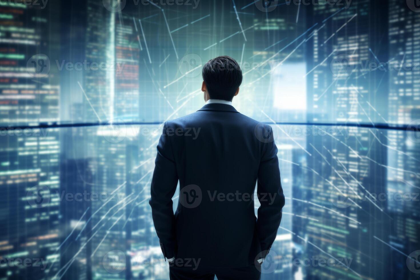 AI Generated Modern european american businessman standing in cyberspace business man scientific abstract internet background web connection technology augmented virtual reality ar vr big data photo