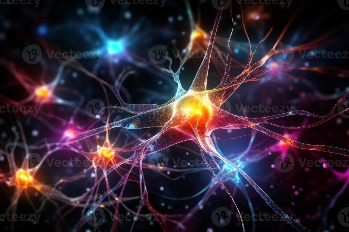 AI Generated Neuron cells neural network under microscope neuro research science brain signal information transfer human neurology mind mental impulse biology anatomy microbiology intelligence photo