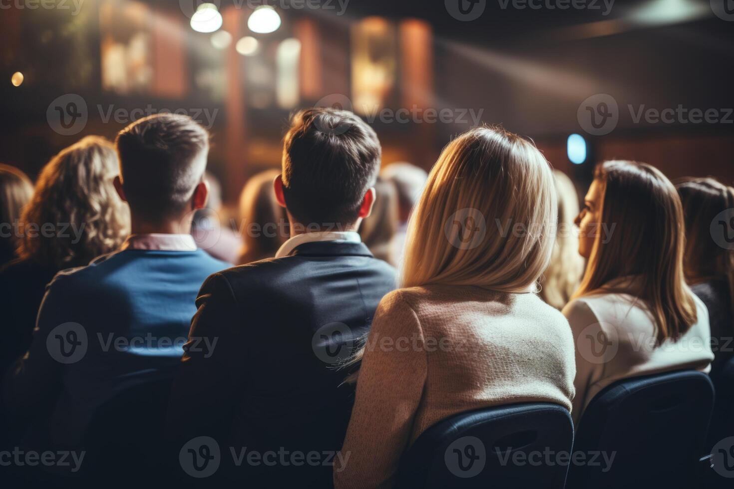 ai generado diverso grupo espaldas de joven personas sentado al aire libre hombre mujer estudiantes escuchando altavoz acecho presentación conferencia cine concierto. negocio educación aprendizaje estudiar foto