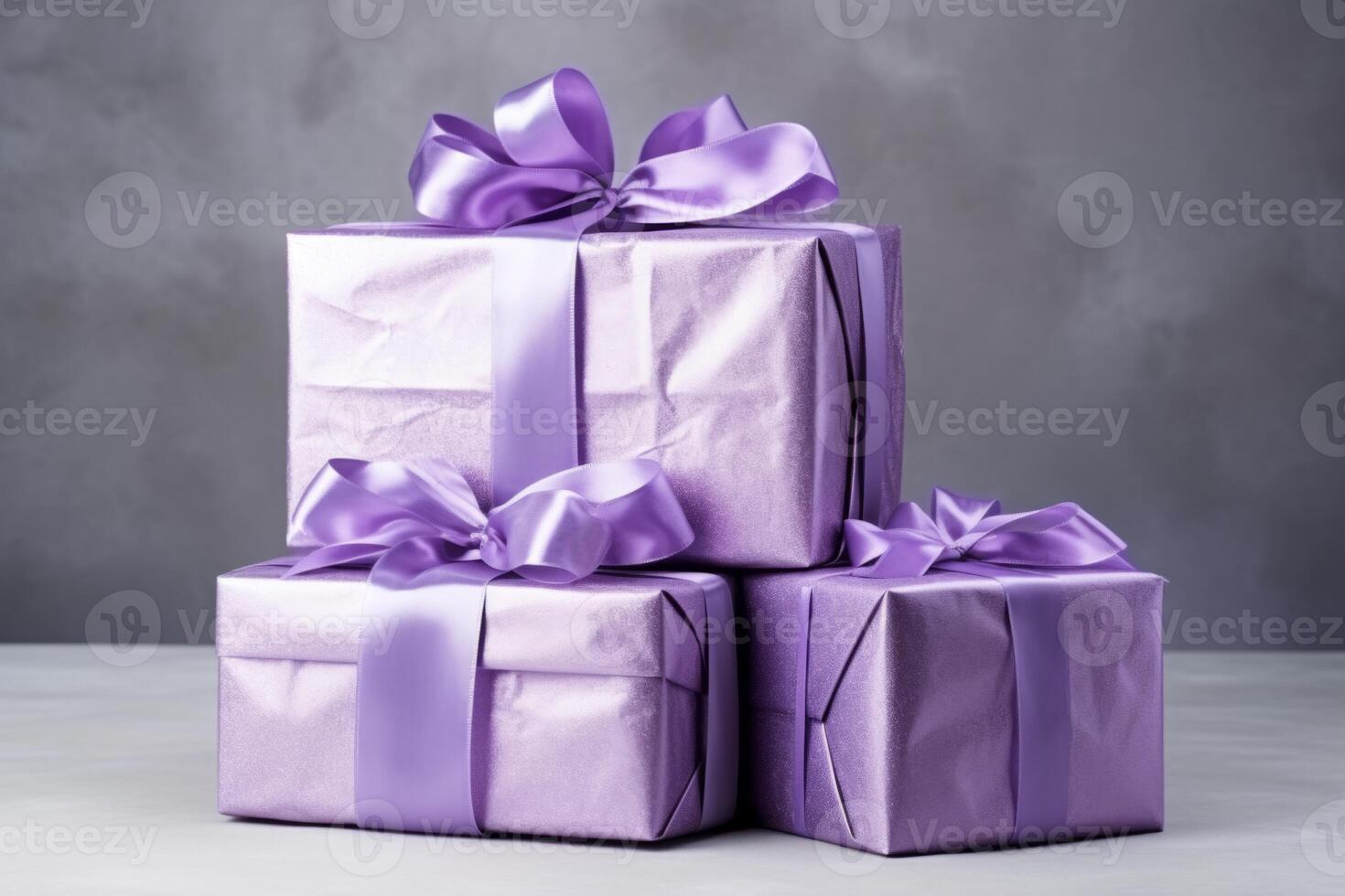 AI Generated Collection many Christmas New Year Xmas presents group gift boxes surprise colorful luxury bow purple ribbon decoration celebration tradition holidays birthday anniversary gray background photo