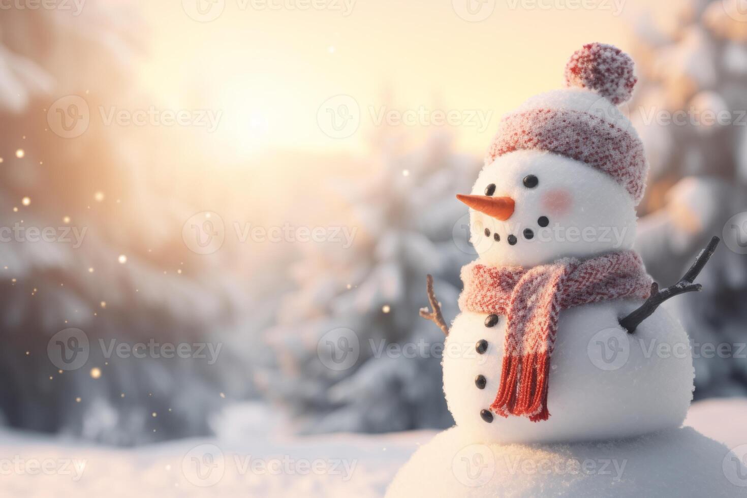 AI Generated Christmas winter smiling happy snowman frosty snow new year celebration holiday cute decoration greeting december eve face funny white snowball with scarf hat carrot xmas festivity shiny photo