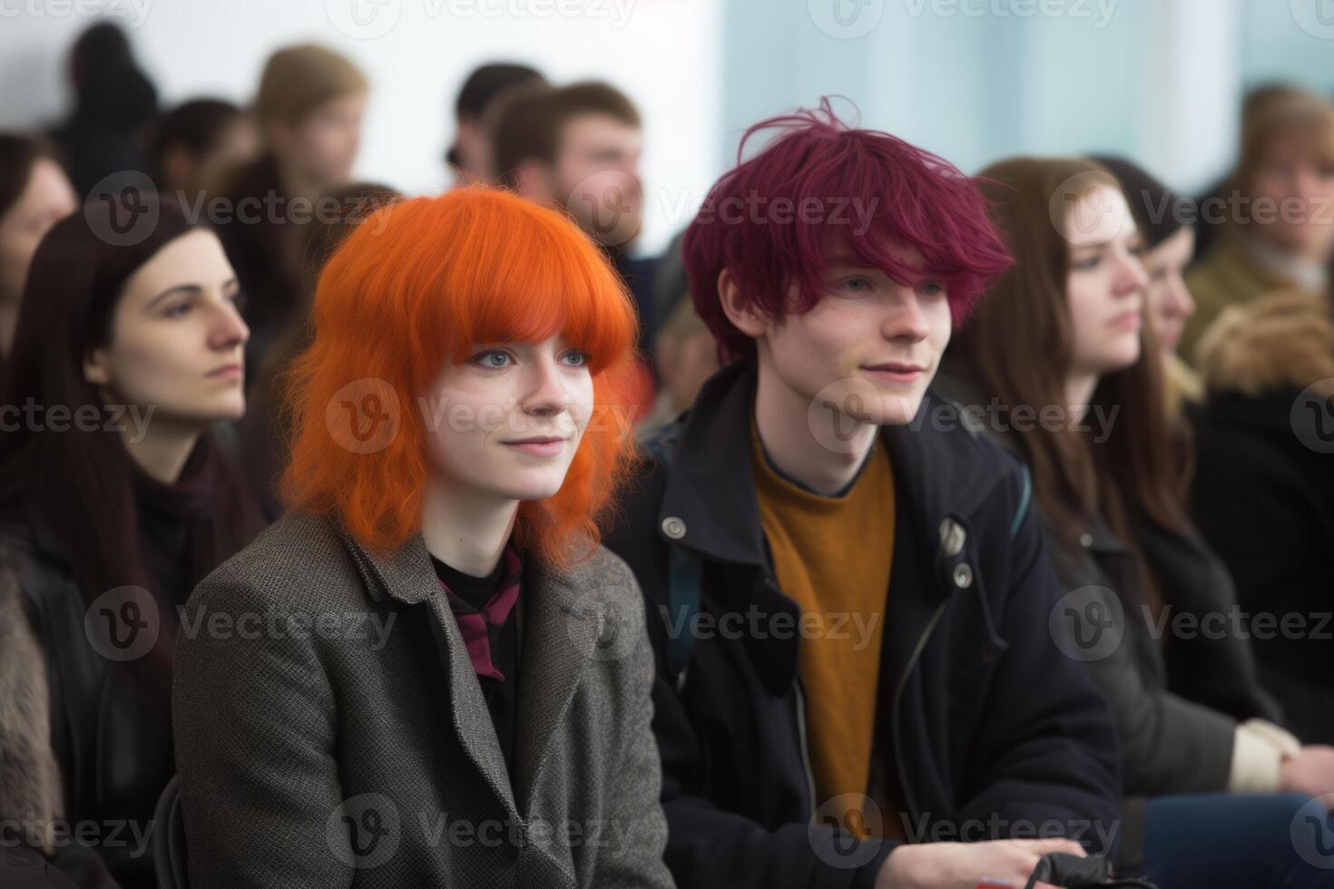 AI Generated Group happy excited young teenager successful hipster colorful hair modern student listening lecture lesson university school college study learn. Education new academic semester year photo