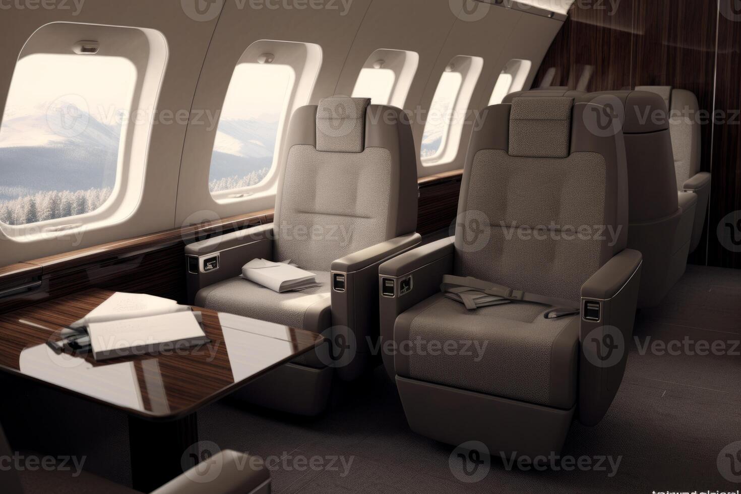 AI Generated Luxury business jet plane airplane private jet empty interior during flight fast bright luxurious seat leather chair materials windows glass wealth journey flying evening landing style photo