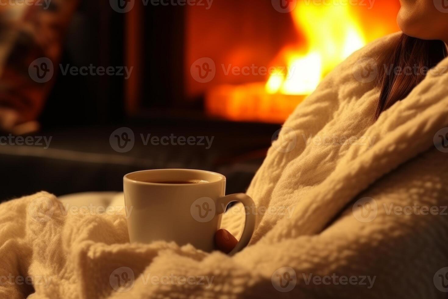 AI Generated Woman sitting enjoying home comfort hot coffee tea winter evening cozy warm fireplace wrapped blanket rest relax indoors satisfaction peace delight calmness dream wellbeing heating hearth photo