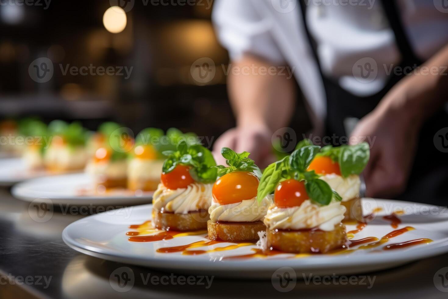 AI Generated Master chef cook man hands precisely cooking dressing preparing tasty fresh delicious mouthwatering gourmet dish food on plate to customers 5-star michelin restaurant kitchen close-up photo