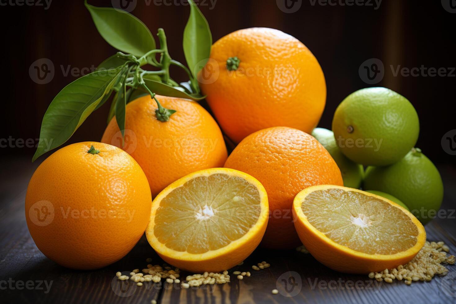 AI Generated Front view fresh healthy food whole fruits sliced oranges tangerines lemons lime ripe mellow fruit juice colorful citrus on rustic wooden background. Vitamin healthcare diet nutrition photo