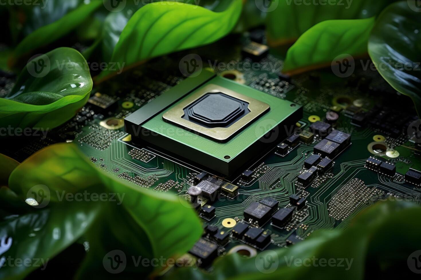 AI Generated Plant growing from processor grow nature computer hardware ecology sustainable eco-friendly technology tech modern computer chip green leaves natural beauty leaf tree oxygen microchip photo