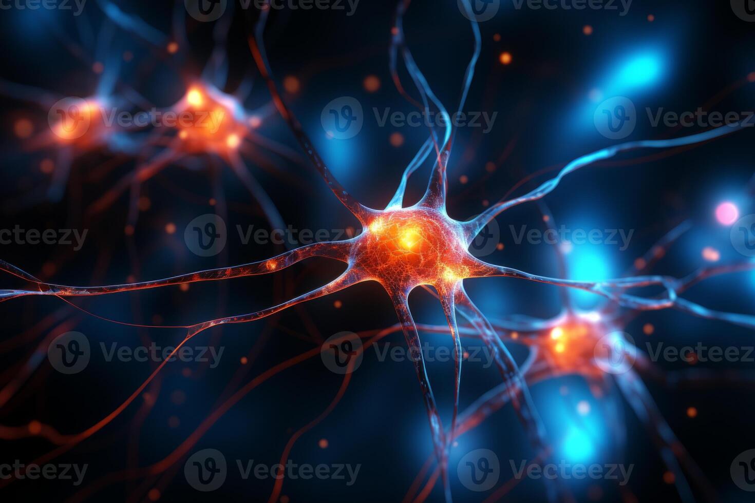 AI Generated Neuron cells neural network under microscope neuro research science brain signal information transfer human neurology mind mental impulse biology anatomy microbiology intelligence photo