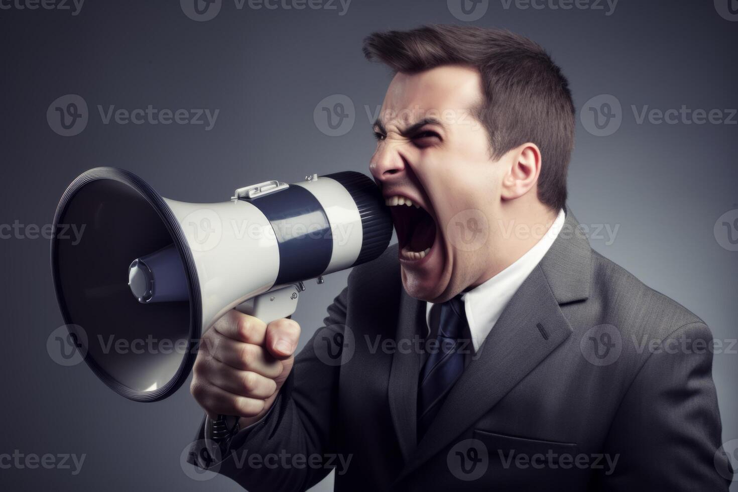 AI Generated Young angry european businessman shouting to megaphone phone business man manager makes loud announcement adult male voice advertisement ad screaming microphone mouth speech anger furious photo