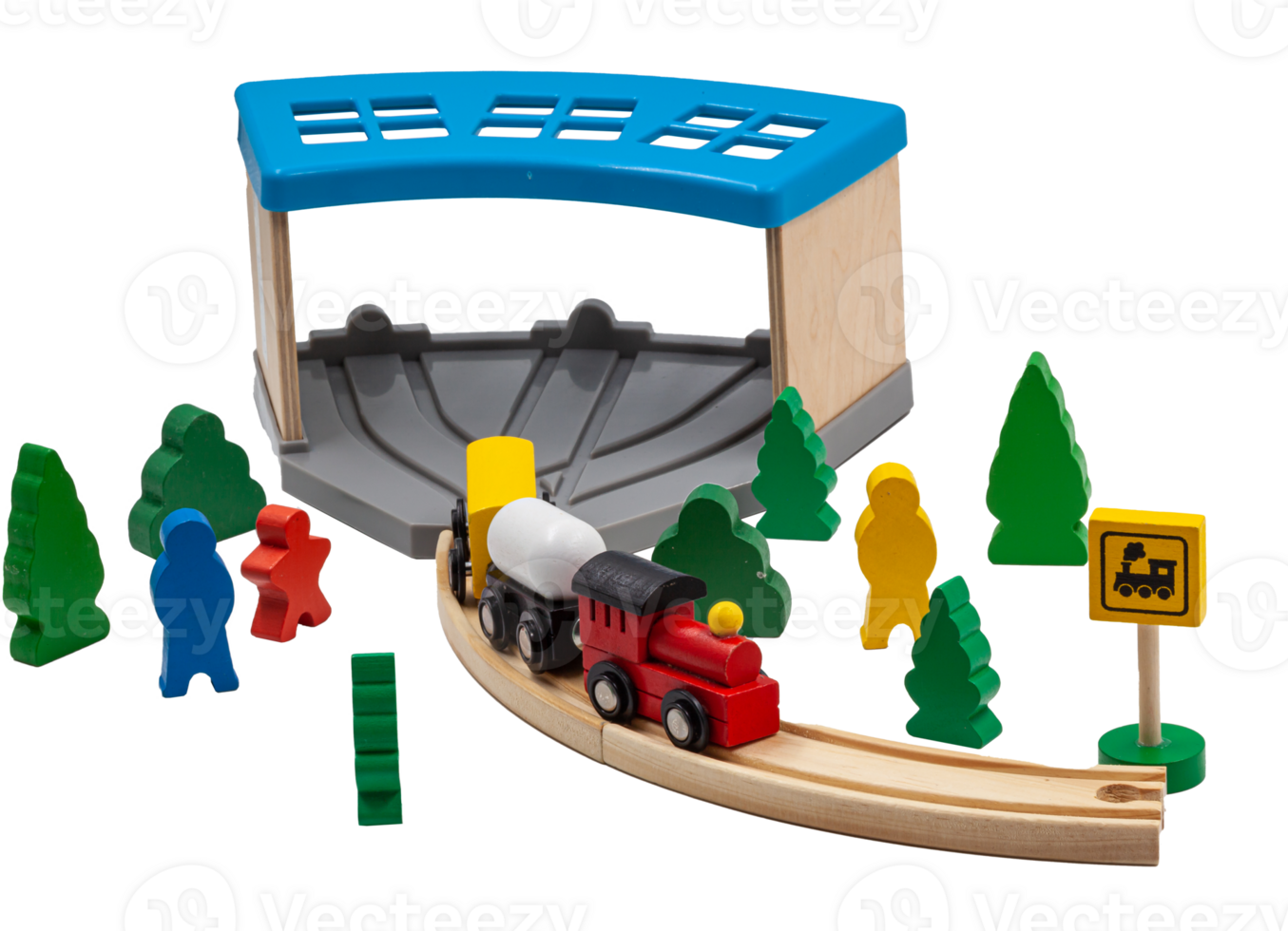 Children's toy train with two cars on a wooden railroad. Trees and green Christmas trees with people, depot and signposts complete the toy world. No background. High quality photo. png