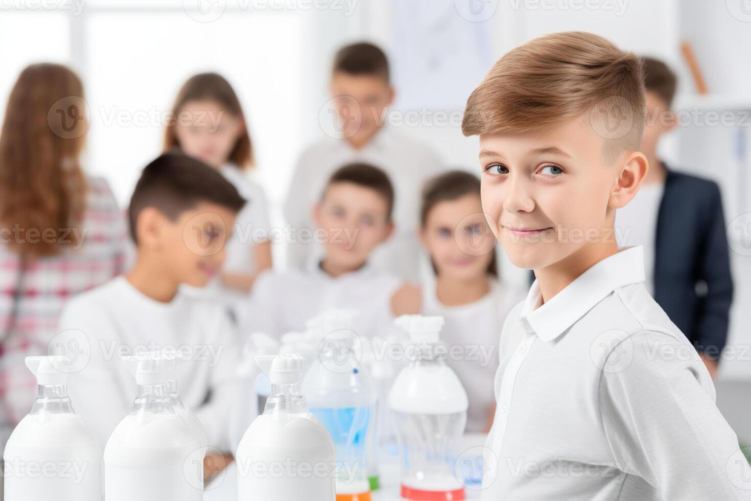 AI Generated Portrait happy young Caucasian schoolboy children kid boy smiling looking camera learning studying chemistry biology talking classmates. Elementary student pupil during lesson teacher photo