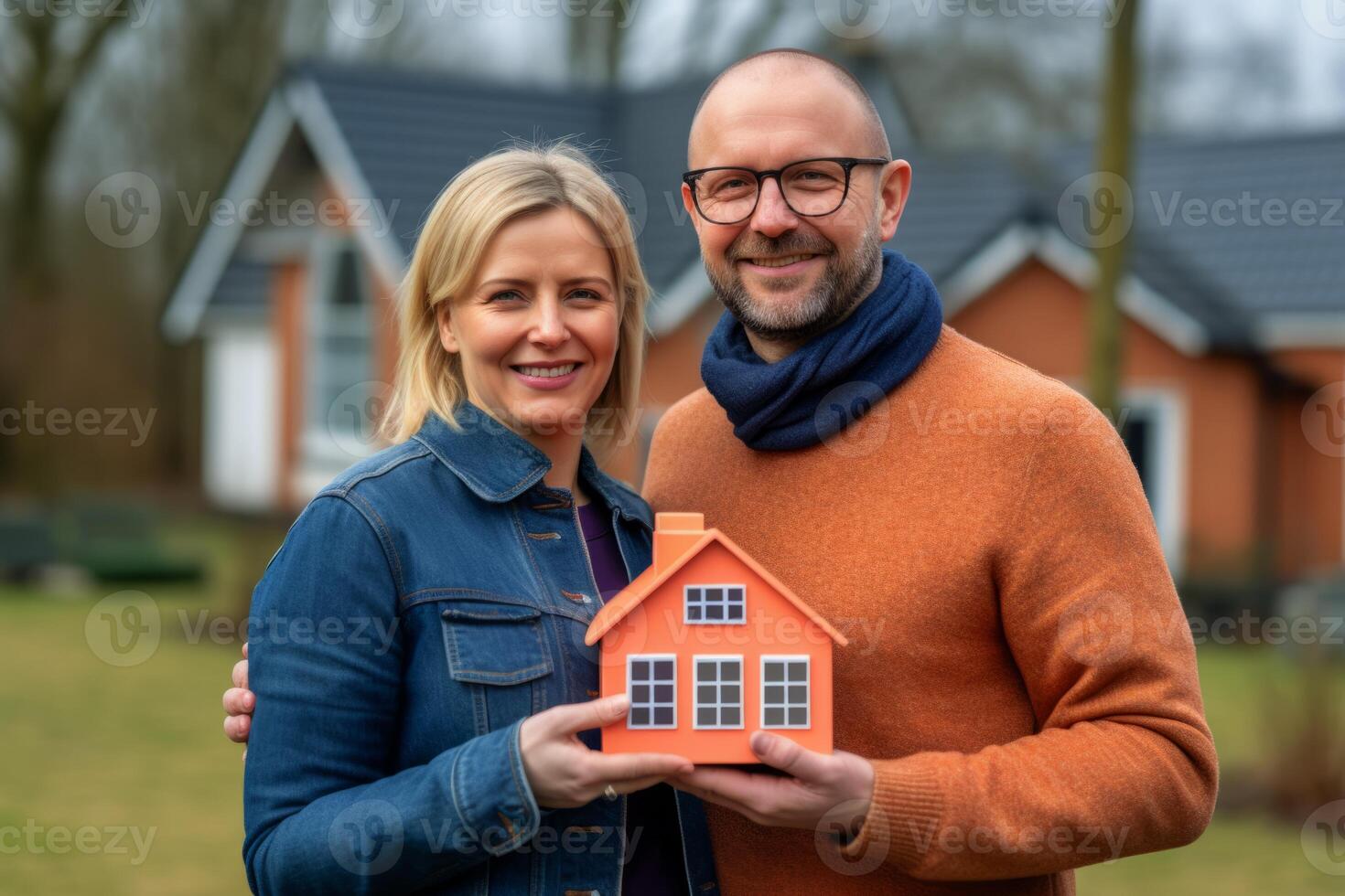 AI Generated Portrait happy mature Caucasian family smiling couple man woman wife husband holding hand small house model outside cheerful homeowners purchasing apartment mortgage loan investment photo