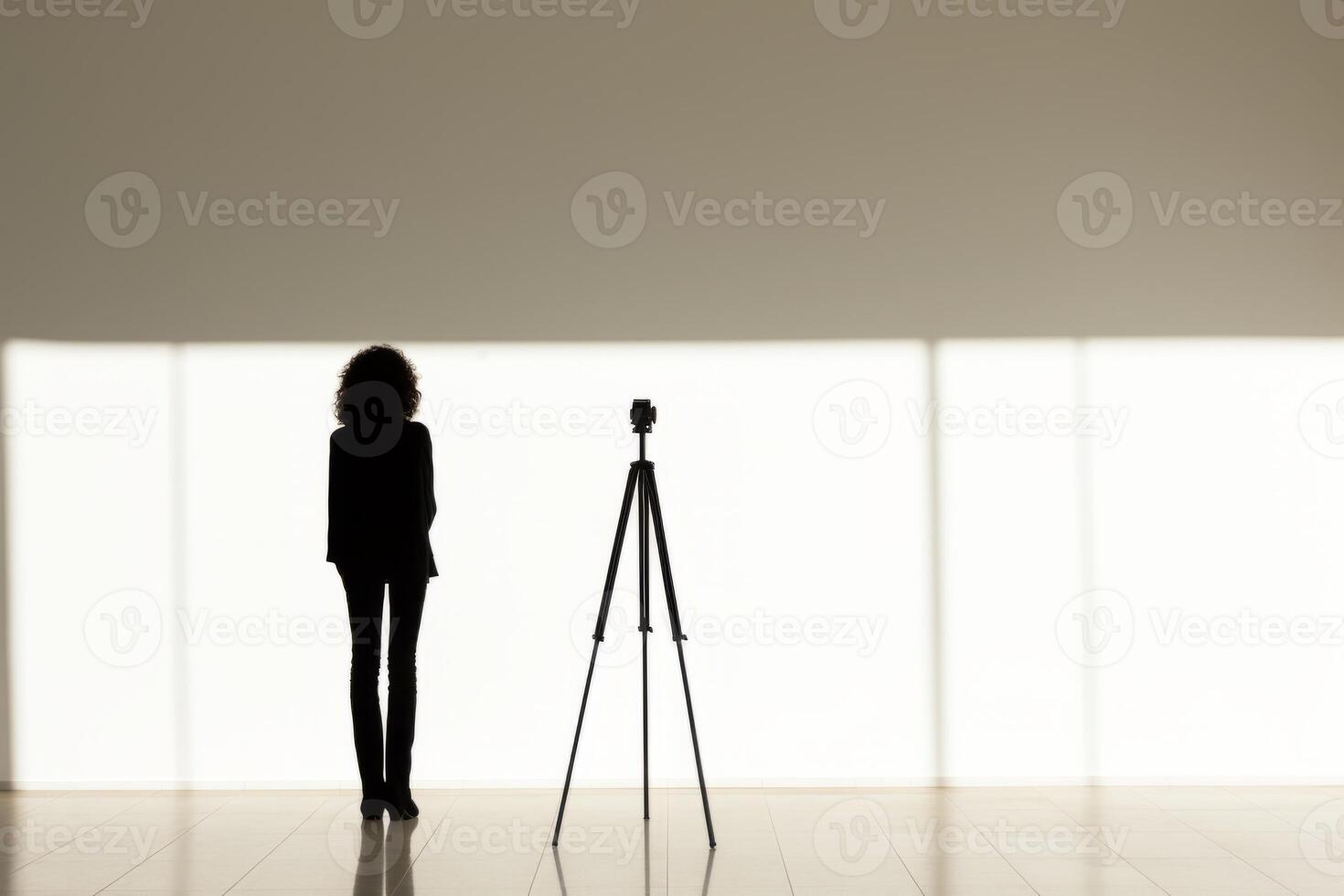 AI Generated Portrait silhouette person woman female model poses photographer professional modern camera studio stylish fashion magazine photo shoot. Pro equipment white background space text